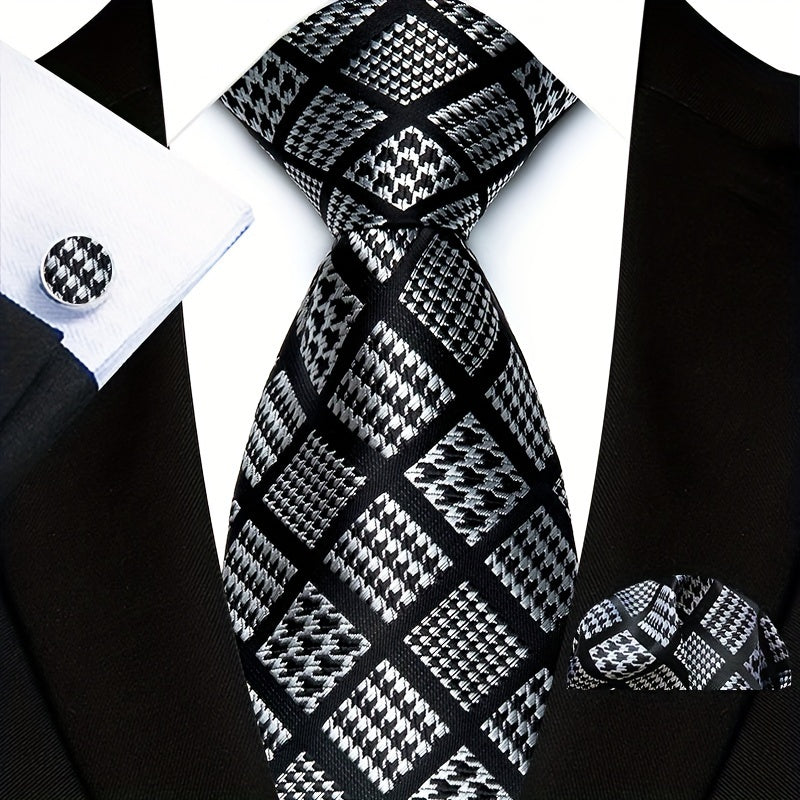 3pcs/set Plaid Pattern Tie Pocket Scarf Cuff Set for Suits - Premium Polyester Woven Accessories