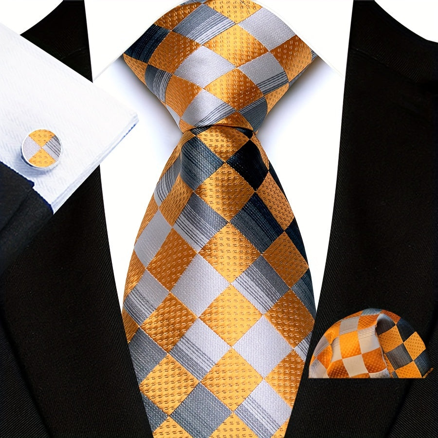 3pcs/set Plaid Pattern Tie Pocket Scarf Cuff Set for Suits - Premium Polyester Woven Accessories