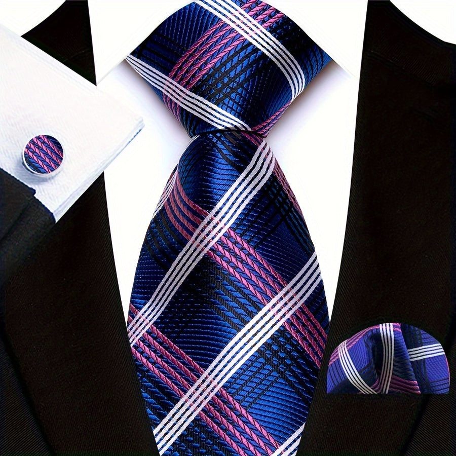 3pcs/set Plaid Pattern Tie Pocket Scarf Cuff Set for Suits - Premium Polyester Woven Accessories