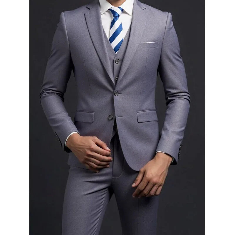 Suit (Blazer+ Vest + Trousers) Men's Fashionable Gentleman Business British Style Solid-color Banquet Host Casual Wedding Suit