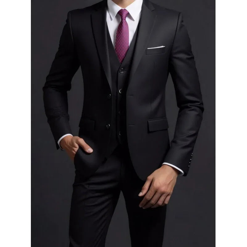 Suit (Blazer+ Vest + Trousers) Men's Fashionable Gentleman Business British Style Solid-color Banquet Host Casual Wedding Suit
