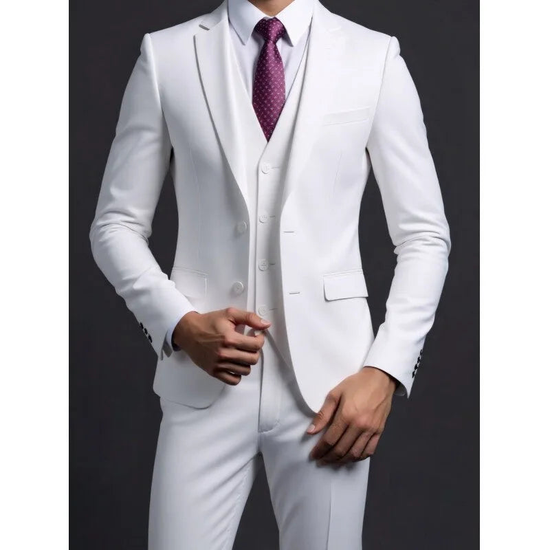 Suit (Blazer+ Vest + Trousers) Men's Fashionable Gentleman Business British Style Solid-color Banquet Host Casual Wedding Suit