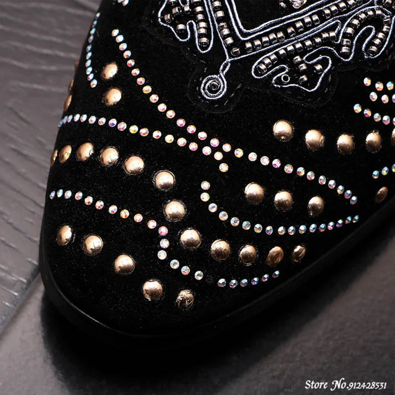 Pointed Rivet Embroidery Rhinestone Casual Loafers