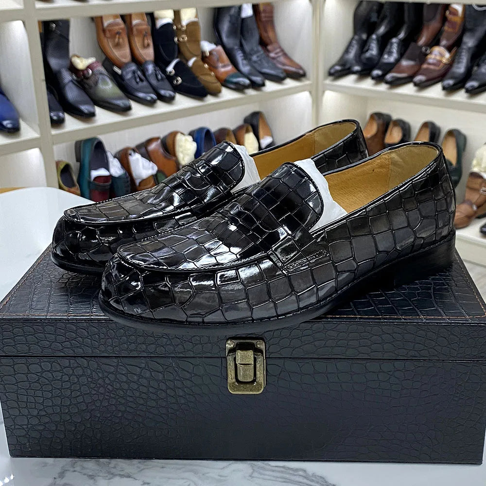 Genuine Cow Leather Round Toe Alligator Print Penny Loafer