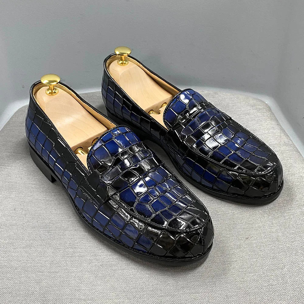 Genuine Cow Leather Round Toe Alligator Print Penny Loafer