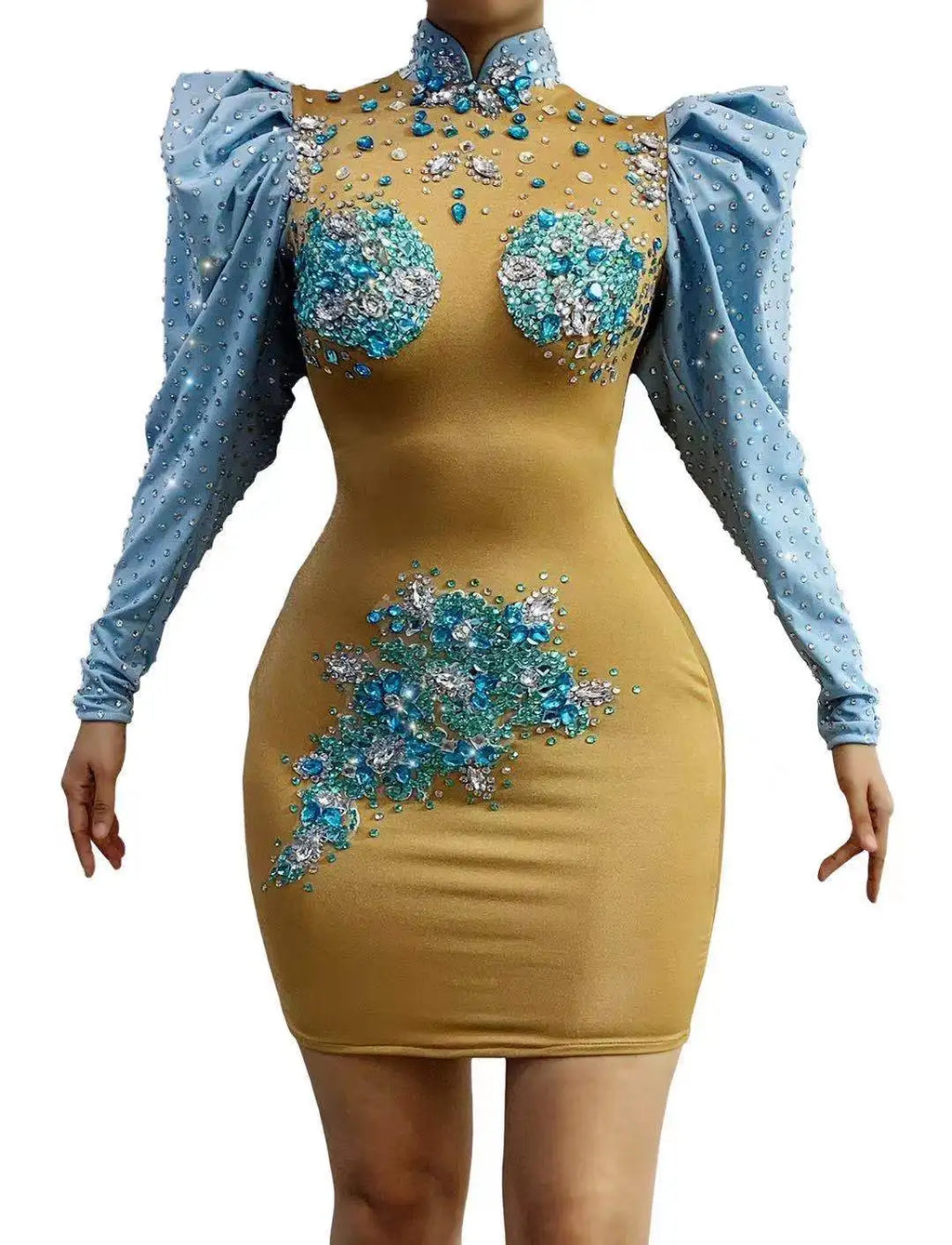 NOVANCE Yellow Formal Rhinestone Turtle Neck Style Dress