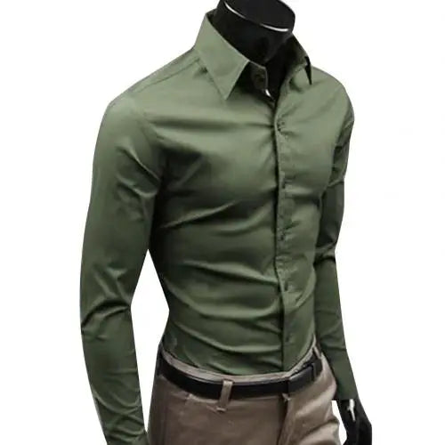 Solid Color Long Sleeve Button Down Collar Shirt Top Polyester