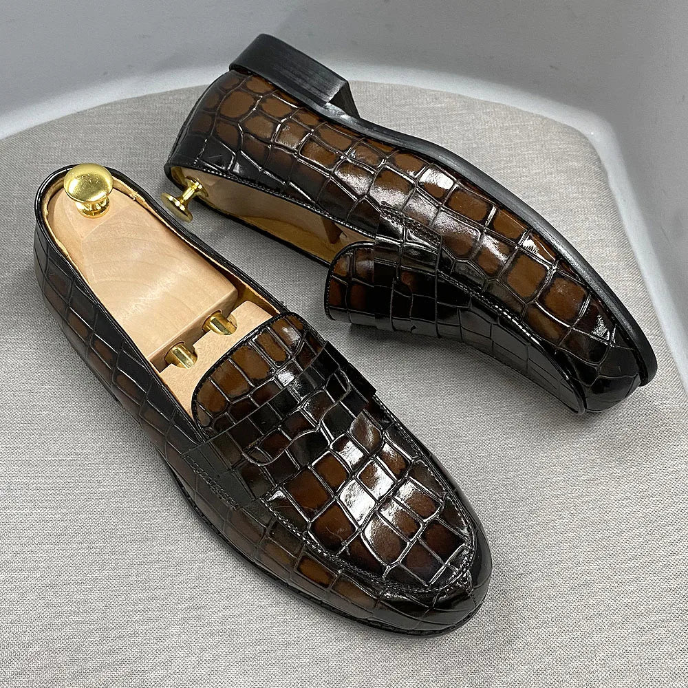 Genuine Cow Leather Round Toe Alligator Print Penny Loafer