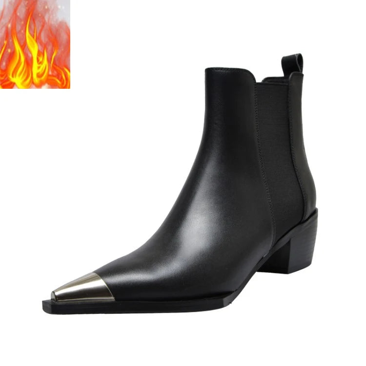 British Style Pointed Toe Cow Leather Chelsea Short Boots