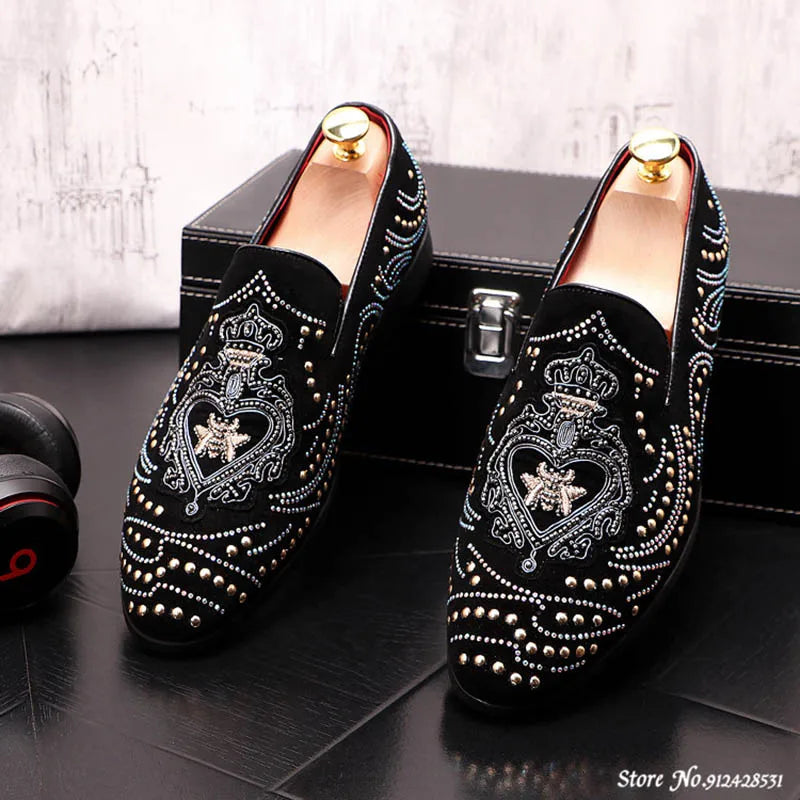 Pointed Rivet Embroidery Rhinestone Casual Loafers