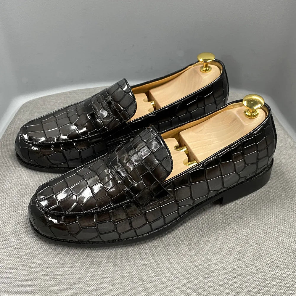 Genuine Cow Leather Round Toe Alligator Print Penny Loafer