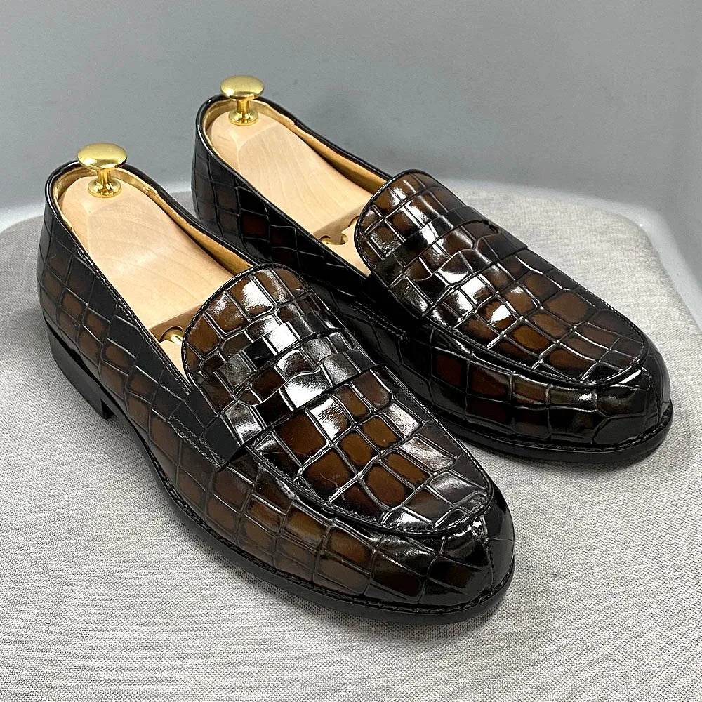 Genuine Cow Leather Round Toe Alligator Print Penny Loafer