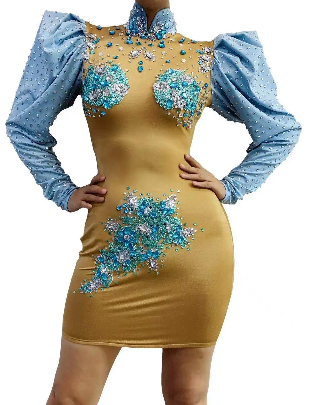 NOVANCE Yellow Formal Rhinestone Turtle Neck Style Dress