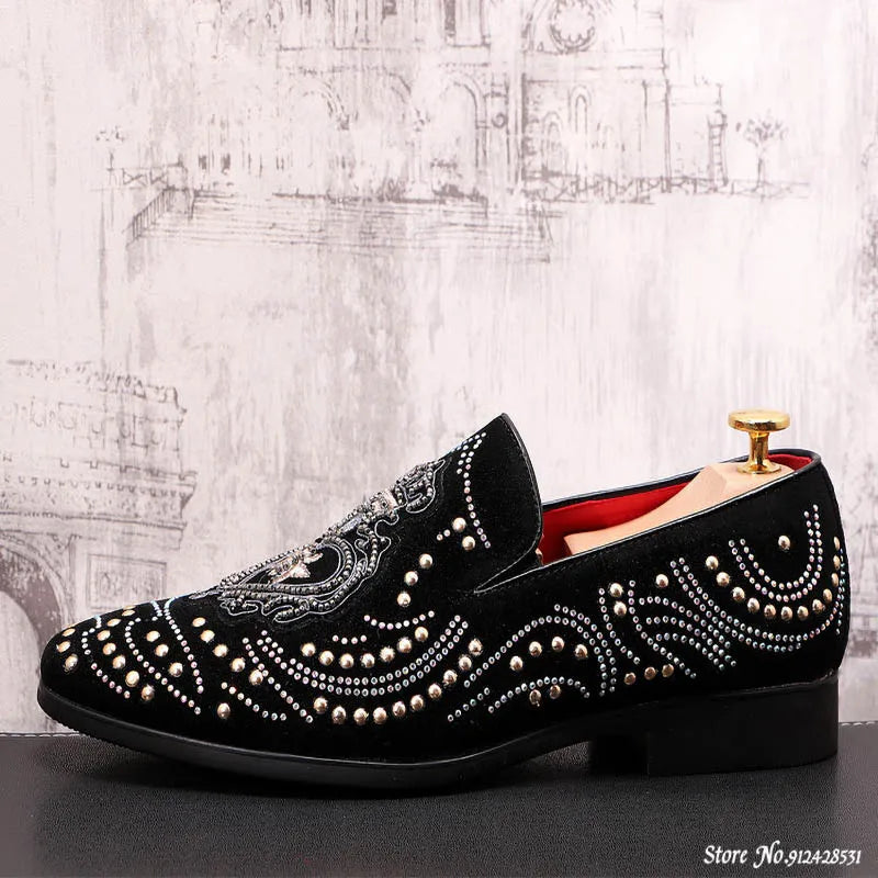 Pointed Rivet Embroidery Rhinestone Casual Loafers