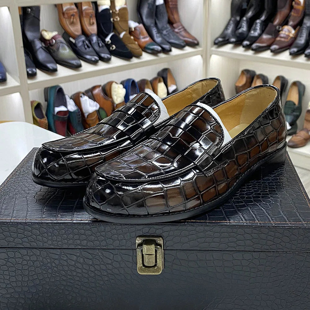 Genuine Cow Leather Round Toe Alligator Print Penny Loafer