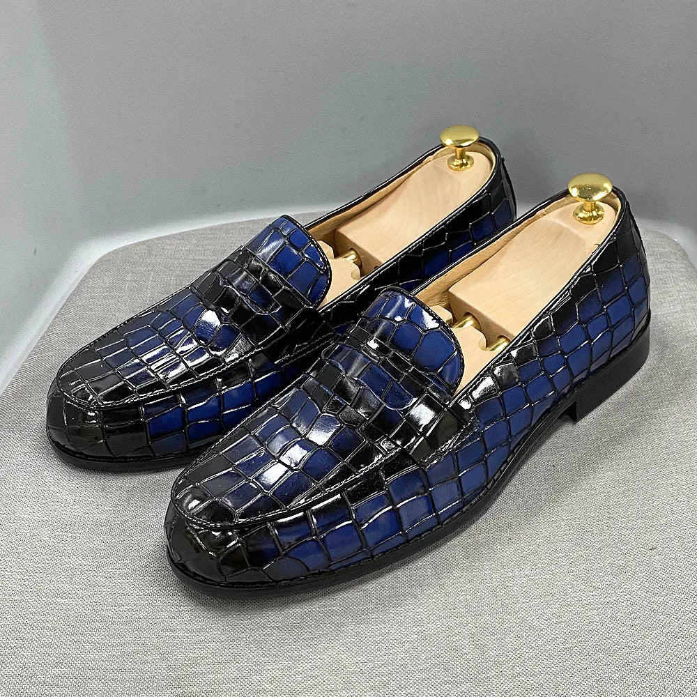 Genuine Cow Leather Round Toe Alligator Print Penny Loafer