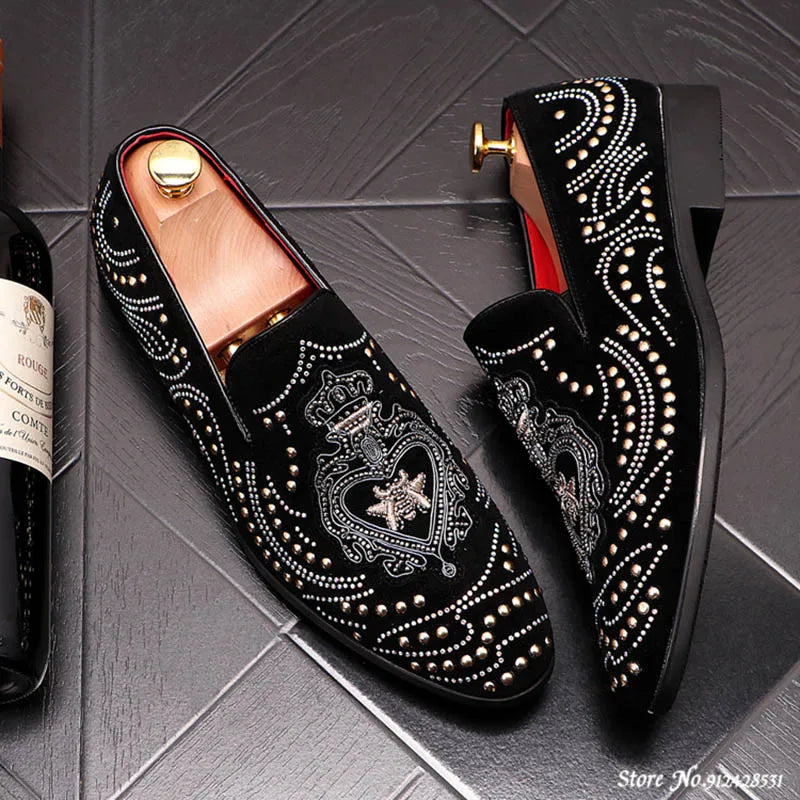 Pointed Rivet Embroidery Rhinestone Casual Loafers