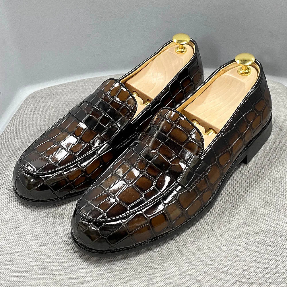 Genuine Cow Leather Round Toe Alligator Print Penny Loafer