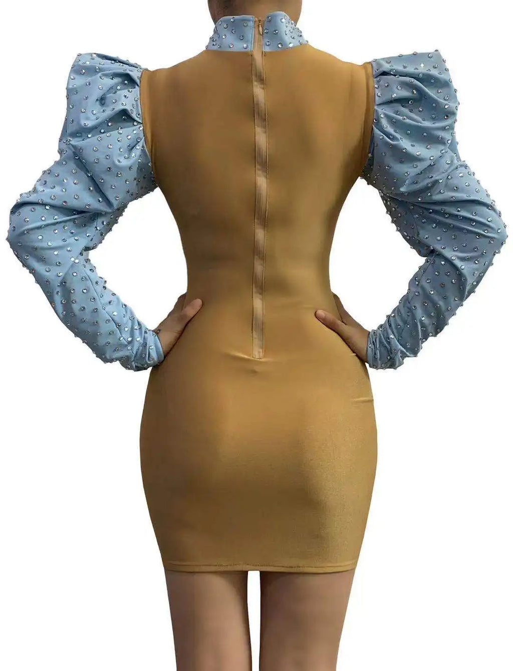 NOVANCE Yellow Formal Rhinestone Turtle Neck Style Dress