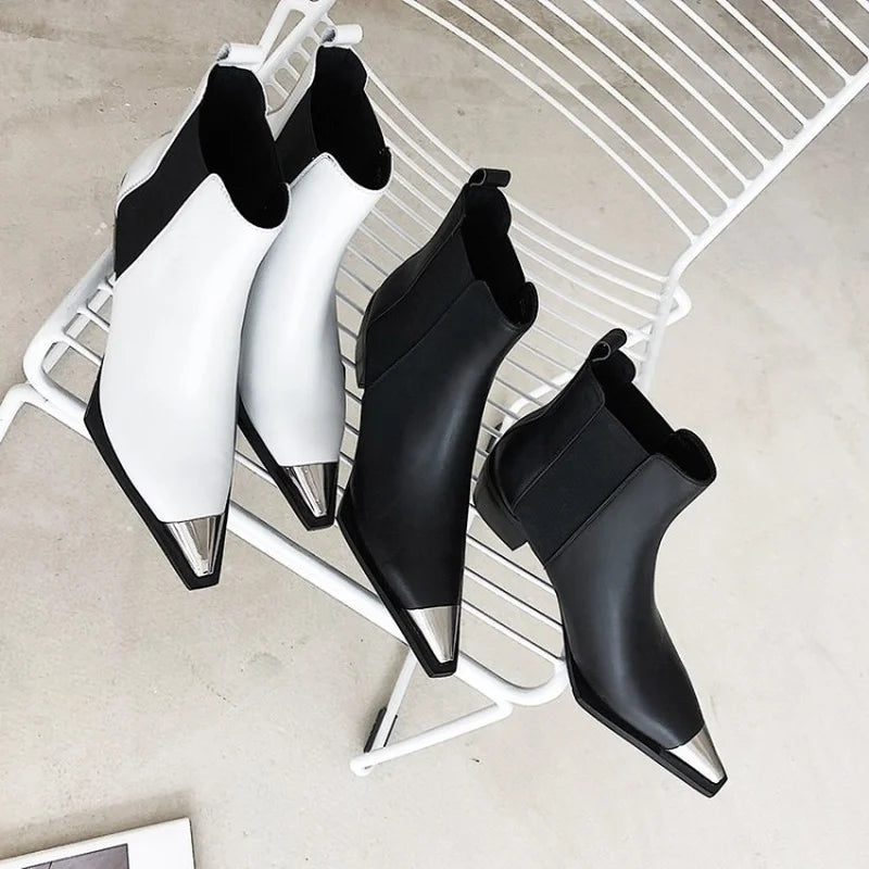 British Style Pointed Toe Cow Leather Chelsea Short Boots