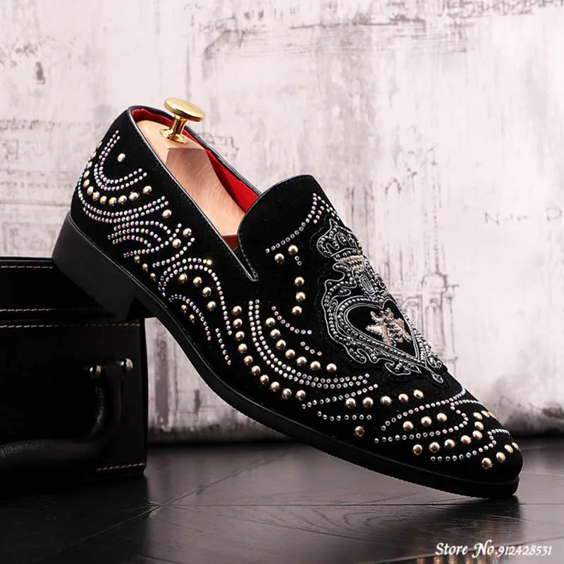Pointed Rivet Embroidery Rhinestone Casual Loafers