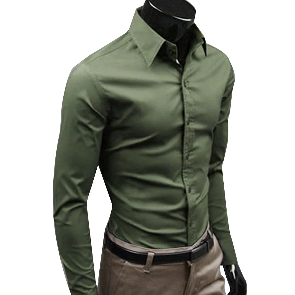 Solid Color Long Sleeve Button Down Collar Shirt Top Polyester