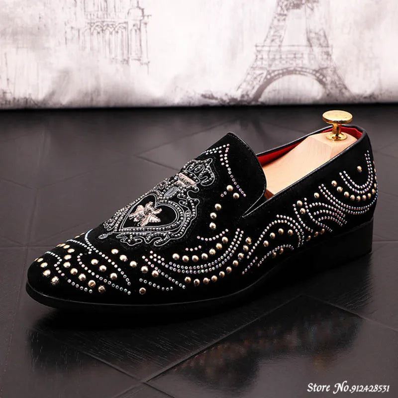 Pointed Rivet Embroidery Rhinestone Casual Loafers