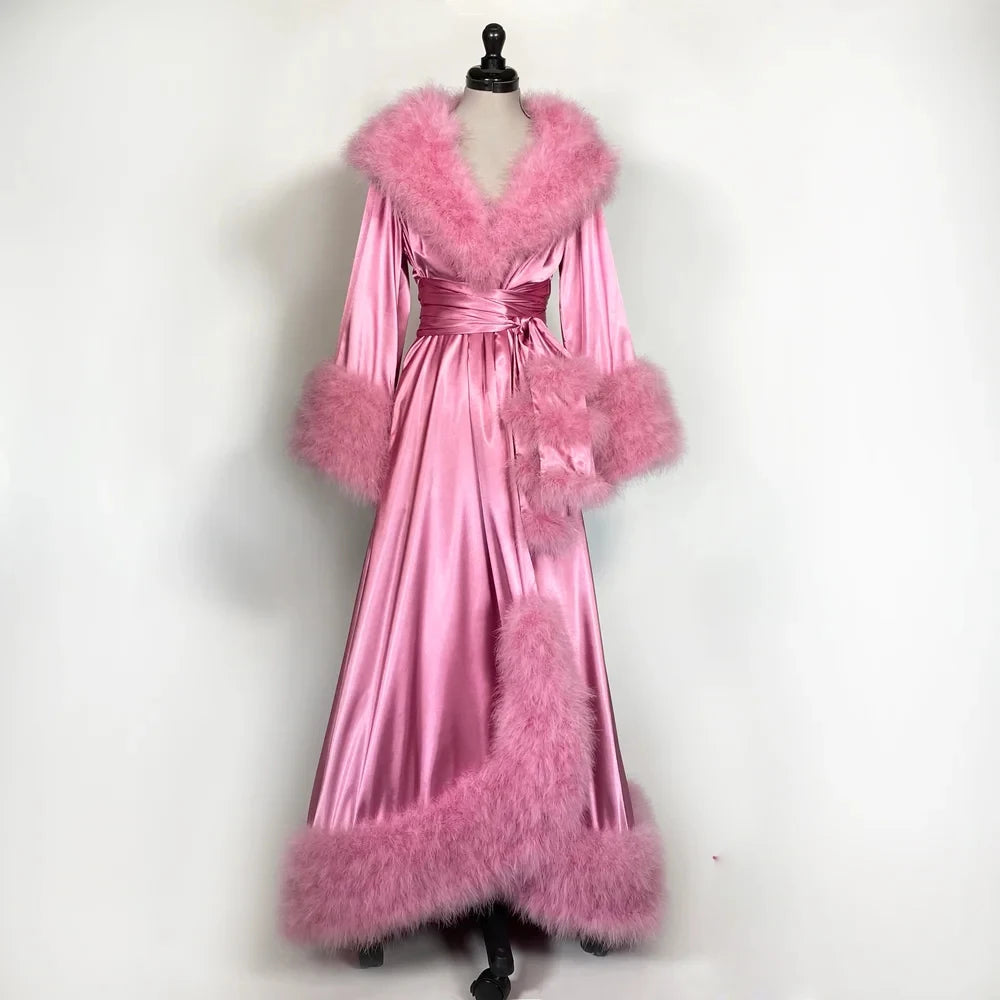 Women's Bathrobe Evening Dresses Feather Silk Nightgown Pajamas Housecoat