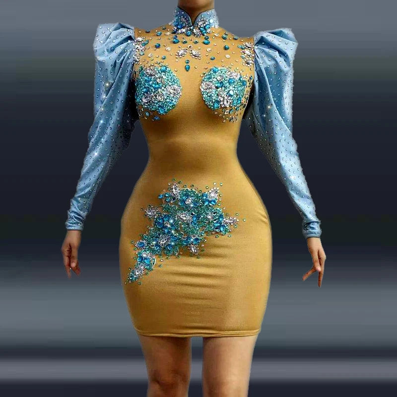 NOVANCE Yellow Formal Rhinestone Turtle Neck Style Dress