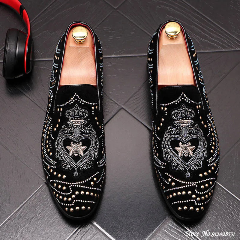Pointed Rivet Embroidery Rhinestone Casual Loafers
