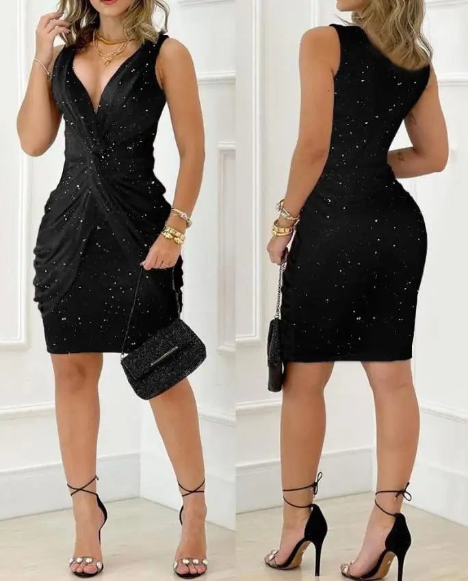 Sexy Twist Design Plunging Neck Glitter Party Dress