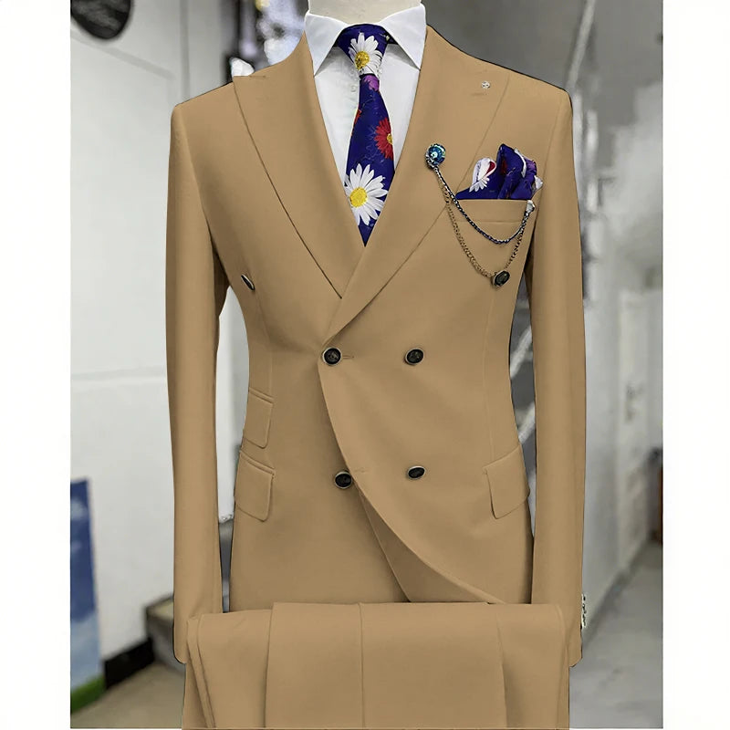 Suits for Men 2 Piece Solid Color Formal Business Casual Male Suit Fashion Peak Lapel Double Breasted Wedding Groom Tuxedo