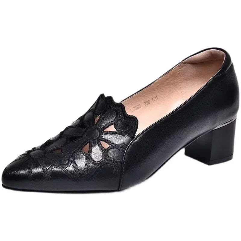 Mid Heel Leather Hollow Out Black Square Heel Shoes