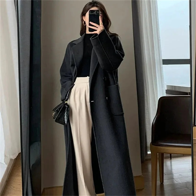 Winter Korean Coat, Long Coated Thickened Woolen Winter Black Coat Harajuku