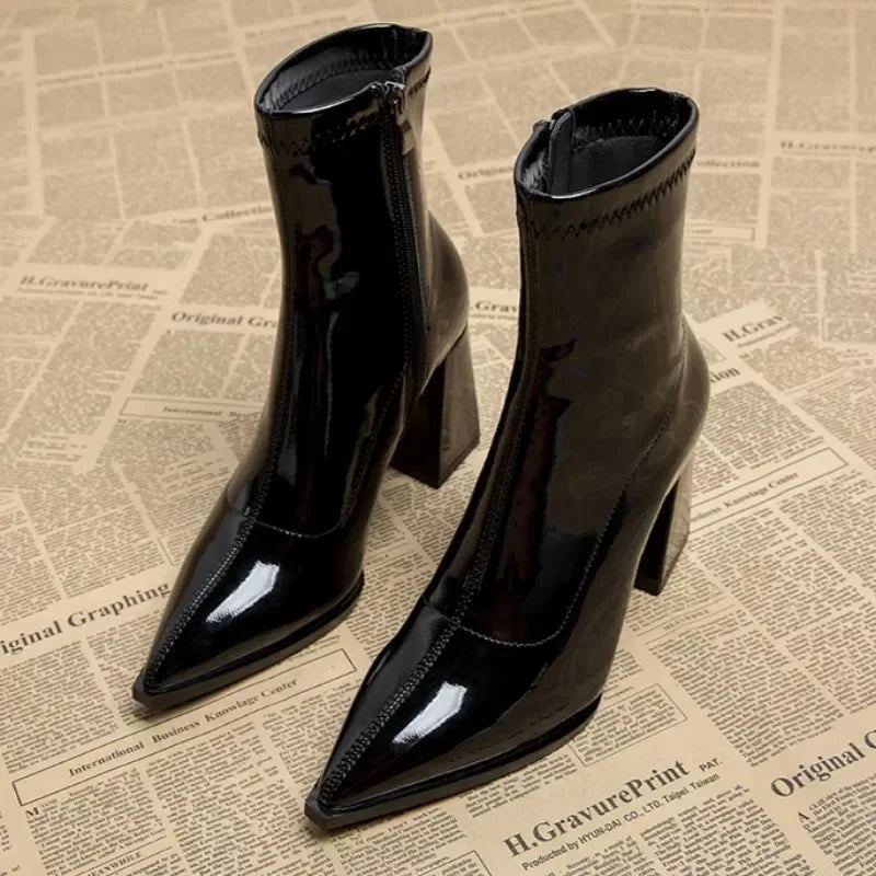 Pointed Toe Thick Heel French Ankle Boots