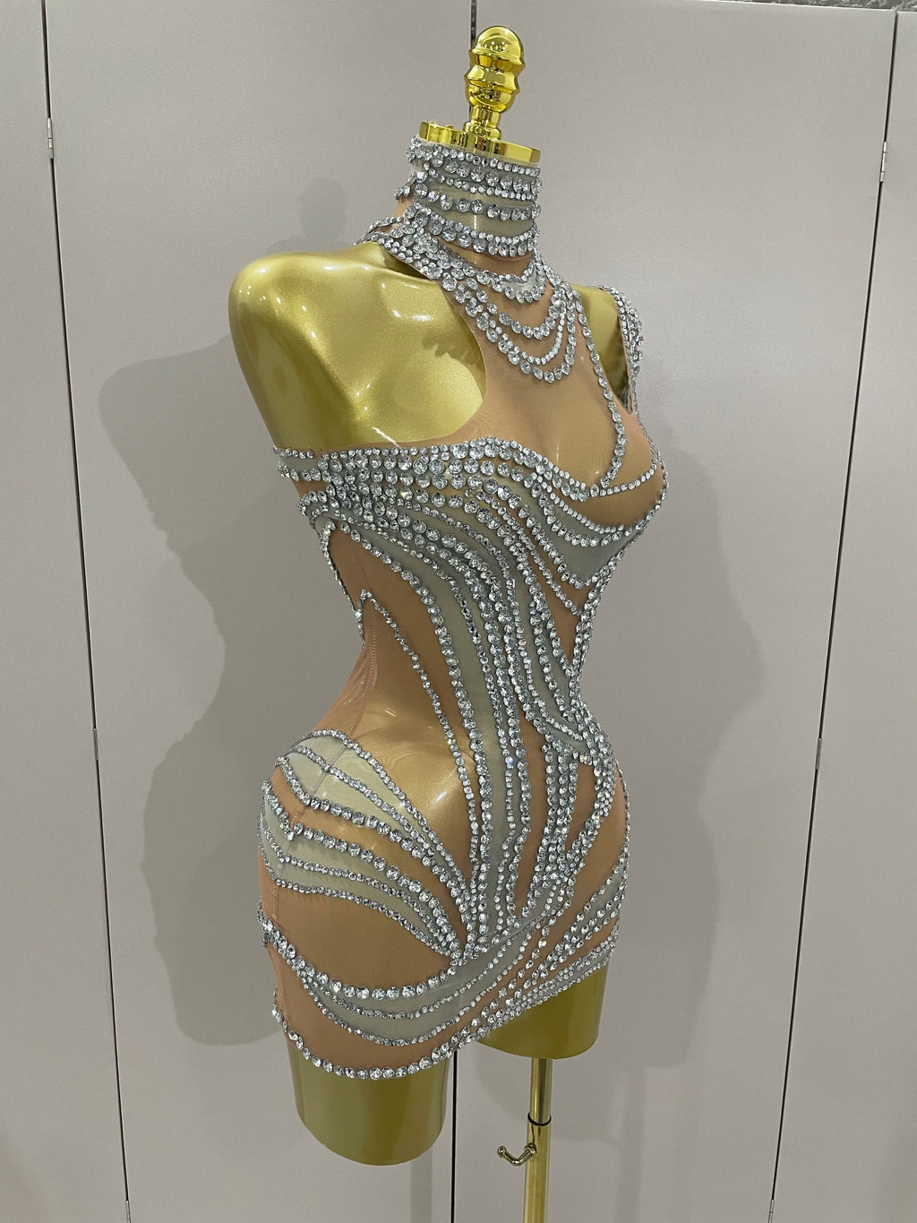 Luxury Sparkly Crystals See Through Mini Dress