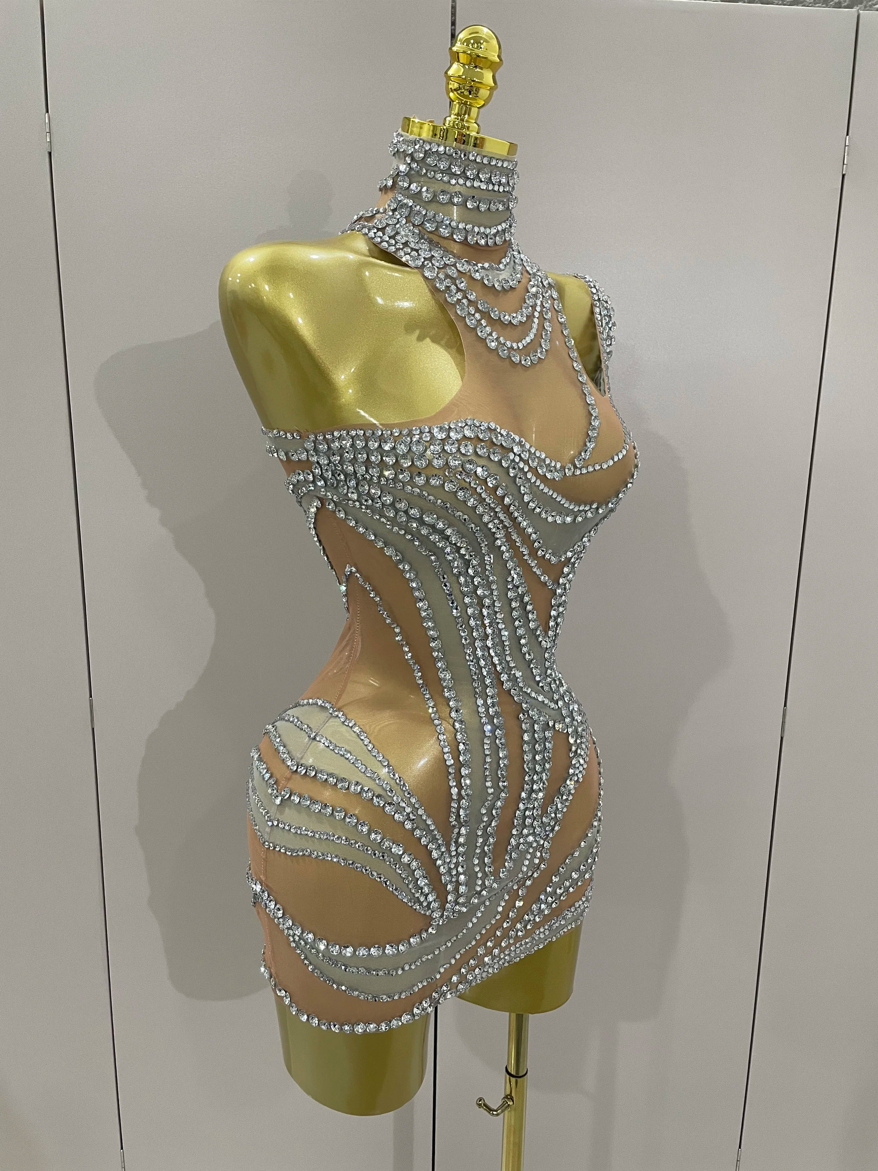 Luxury Sparkly Crystals See Through Mini Dress