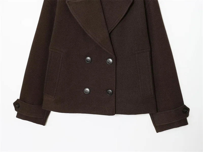 Deep Brown Long Sleeve Double-breasted simple Short Coat