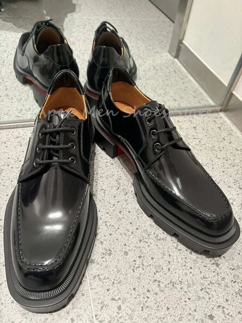 Black Glossy Chunky Sole Lace Up Cow Leather Oxford Shoes