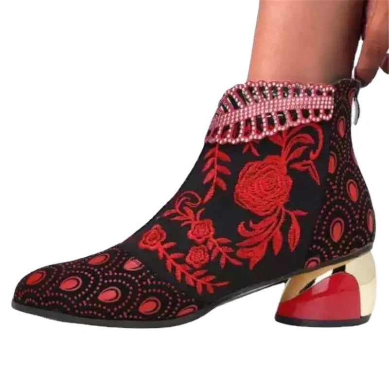 Handmade Embroidery Elegant High Heel Ankle Boots