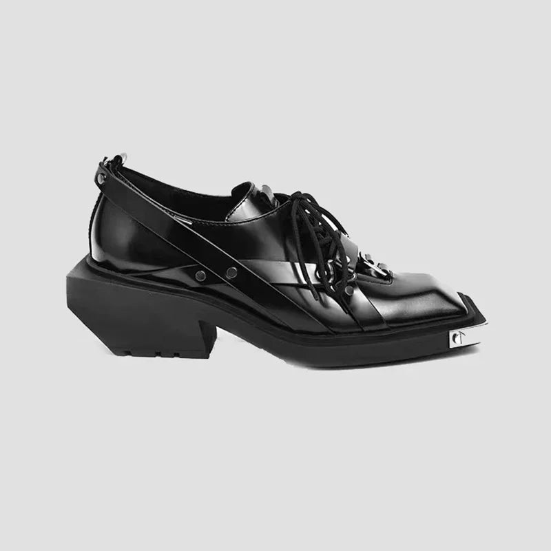 Metal Head Decorate Leather Thick-soled Non-slip Square Head Wedge Shoes