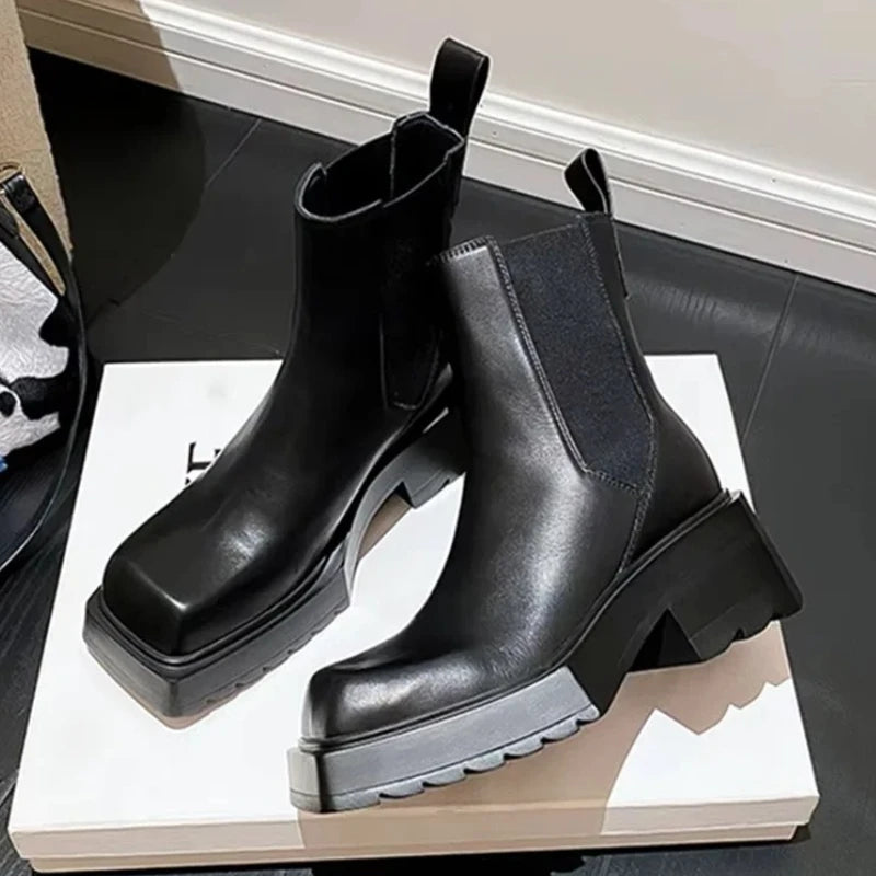 Black Chunky British Style Leather Heel Chelsea Ankle Boots