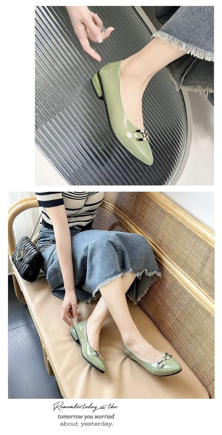 Pointed Toe Patent Leather Low Heel Single Slip on Classic Shoes