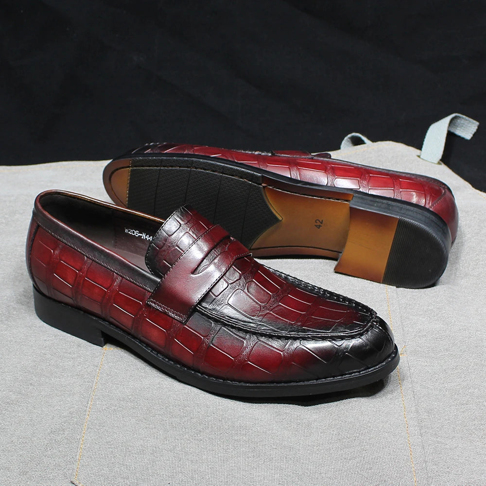 Handmade Crocodile Print Genuine Leather Slip-On Loafers