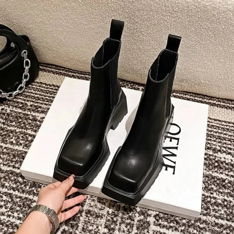 Black Chunky British Style Leather Heel Chelsea Ankle Boots