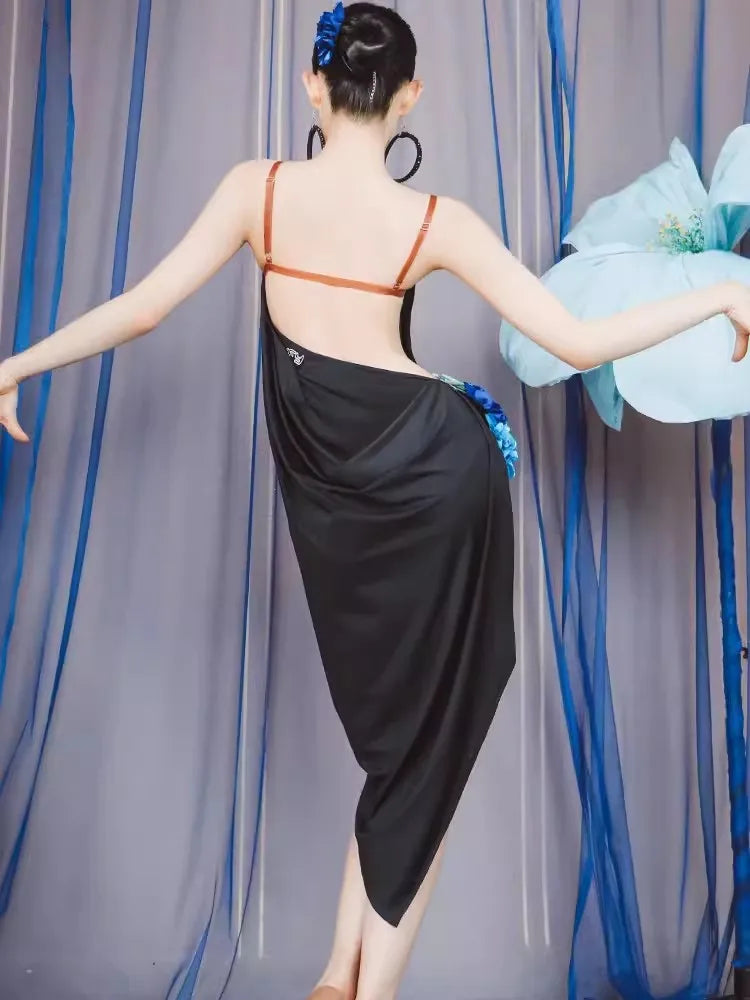 Black Latin Dance Dress Hollow-out