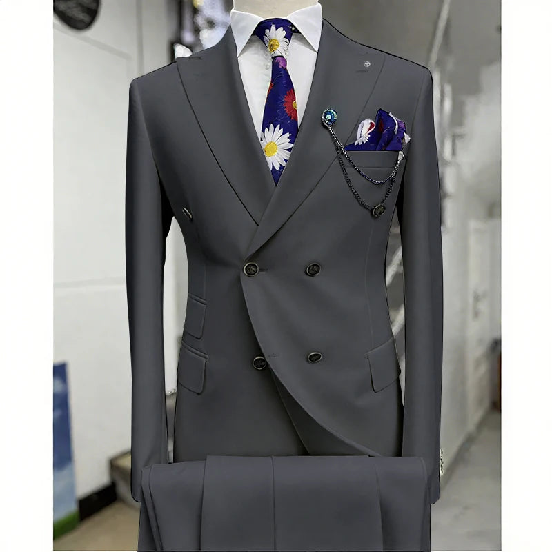 Suits for Men 2 Piece Solid Color Formal Business Casual Male Suit Fashion Peak Lapel Double Breasted Wedding Groom Tuxedo