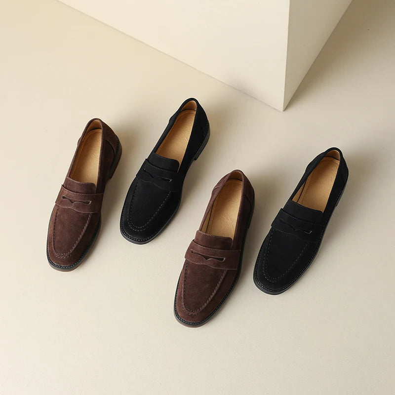 EAGSITY Cow Suede Leather Brown Loafer Shoes