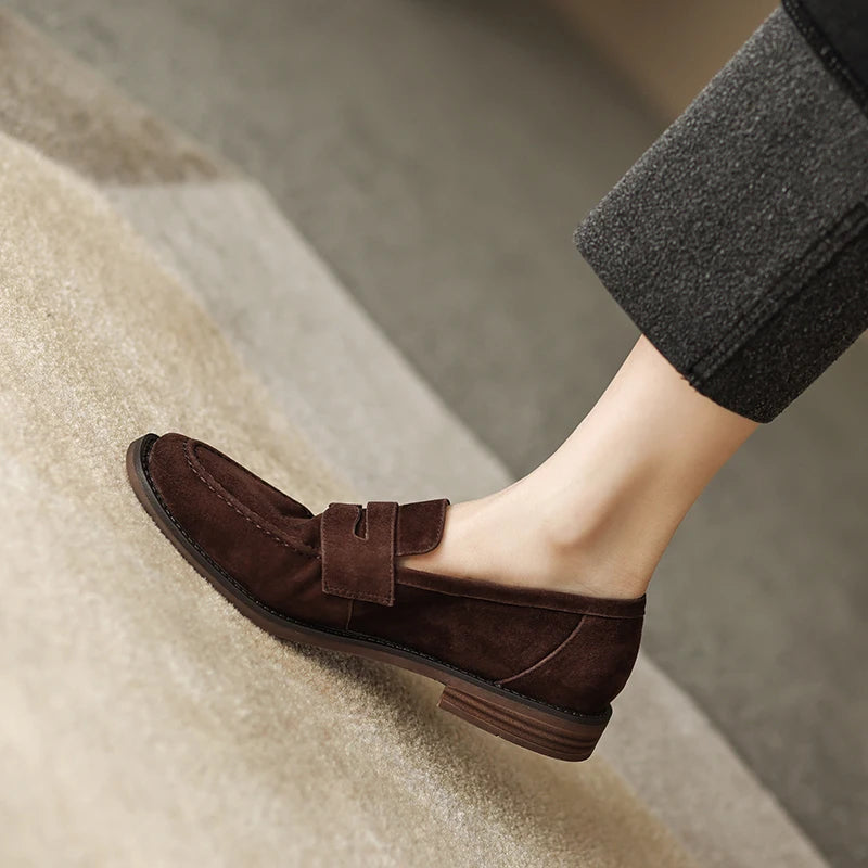 EAGSITY Cow Suede Leather Brown Loafer Shoes