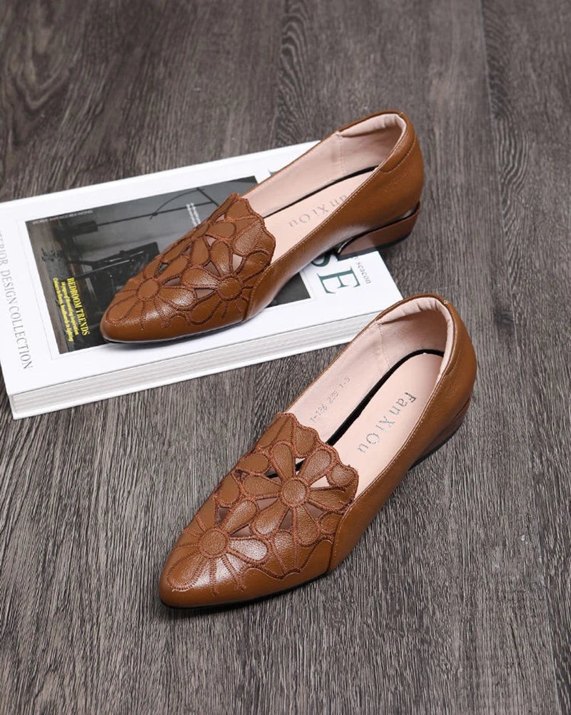 Mid Heel Leather Hollow Out Black Square Heel Shoes